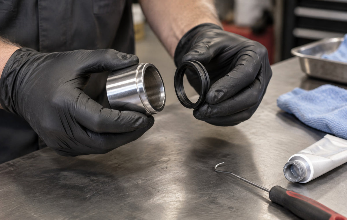 Illustrative: gloved hands holding a brake caliper piston and a new piston seal during a caliper rebuild