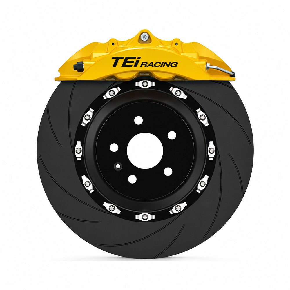 TEI P40NS+ four-piston front big brake kit in yellow — caliper and slotted rotor