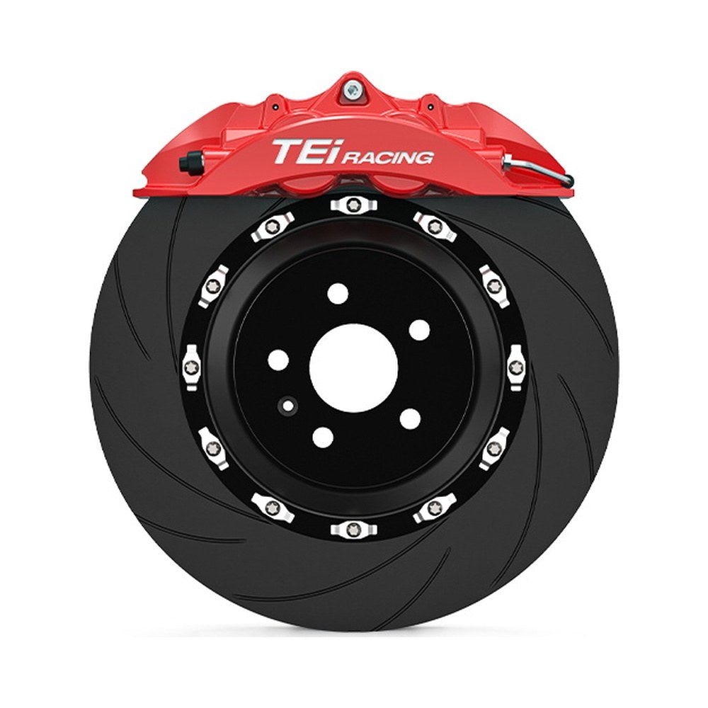 TEI P40NS+ four-piston front big brake kit in red — caliper and slotted rotor