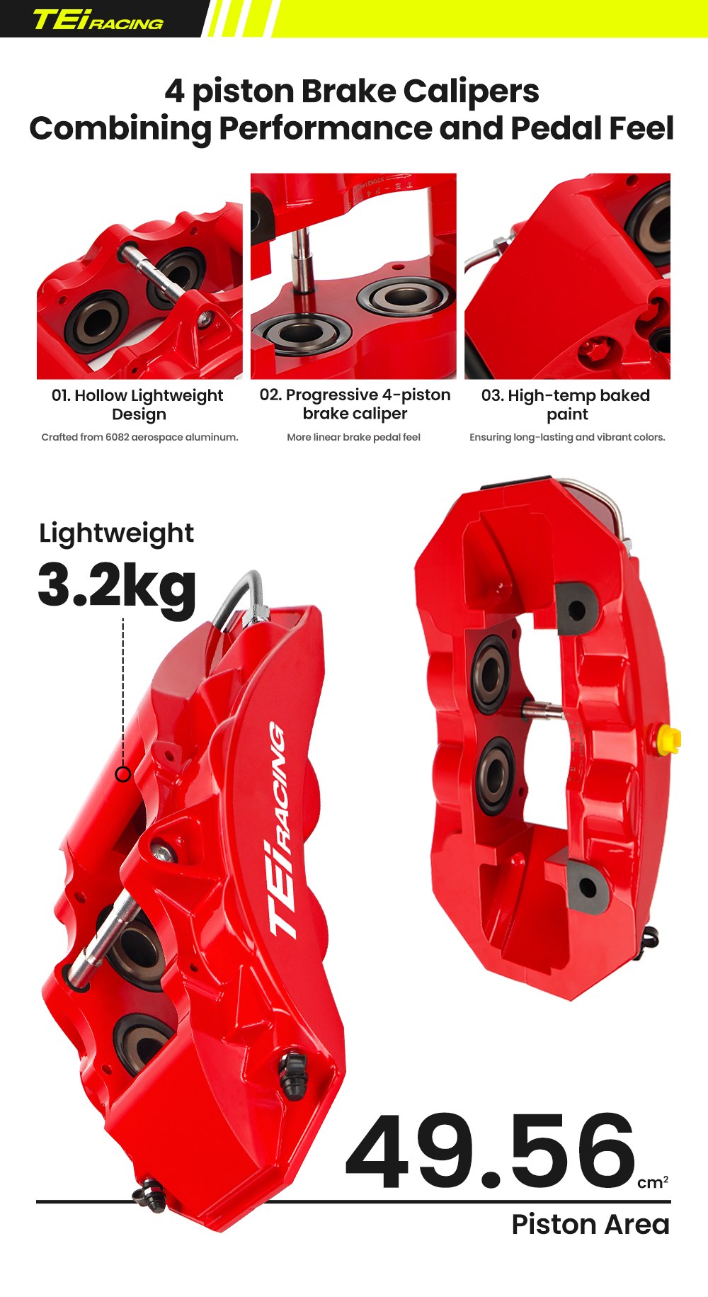 P40NS+ four-piston caliper: 3.2kg weight, 49.56cm2 piston area